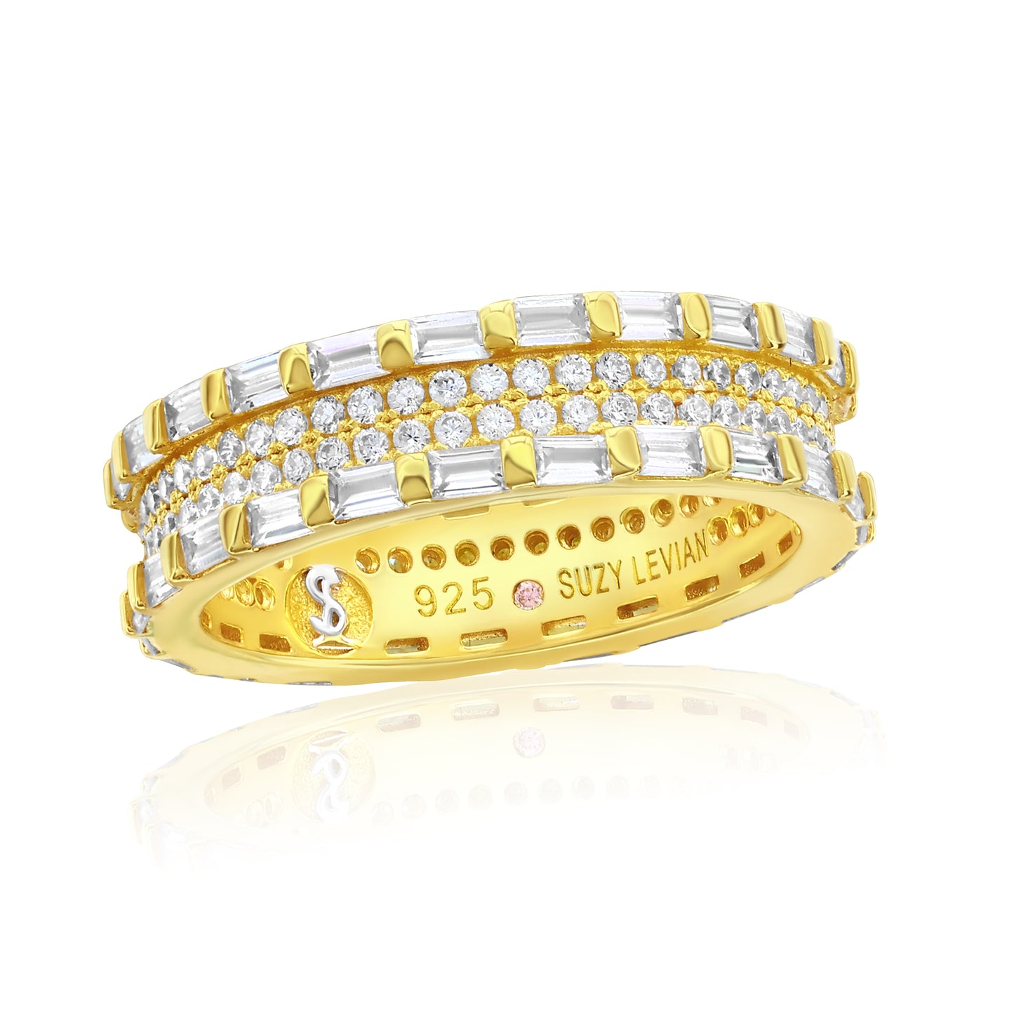Suzy Levian Yellow Sterling Silver Cubic Zirconia White Baguette and Round Eternity Band
