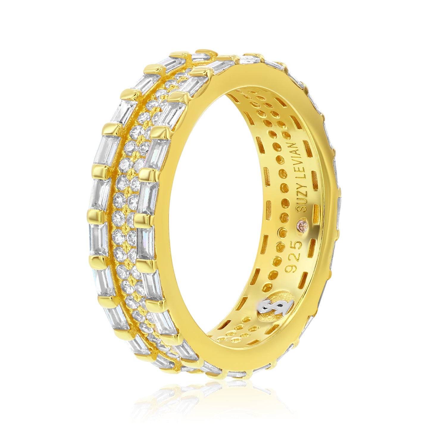 Suzy Levian Yellow Sterling Silver Cubic Zirconia White Baguette and Round Eternity Band