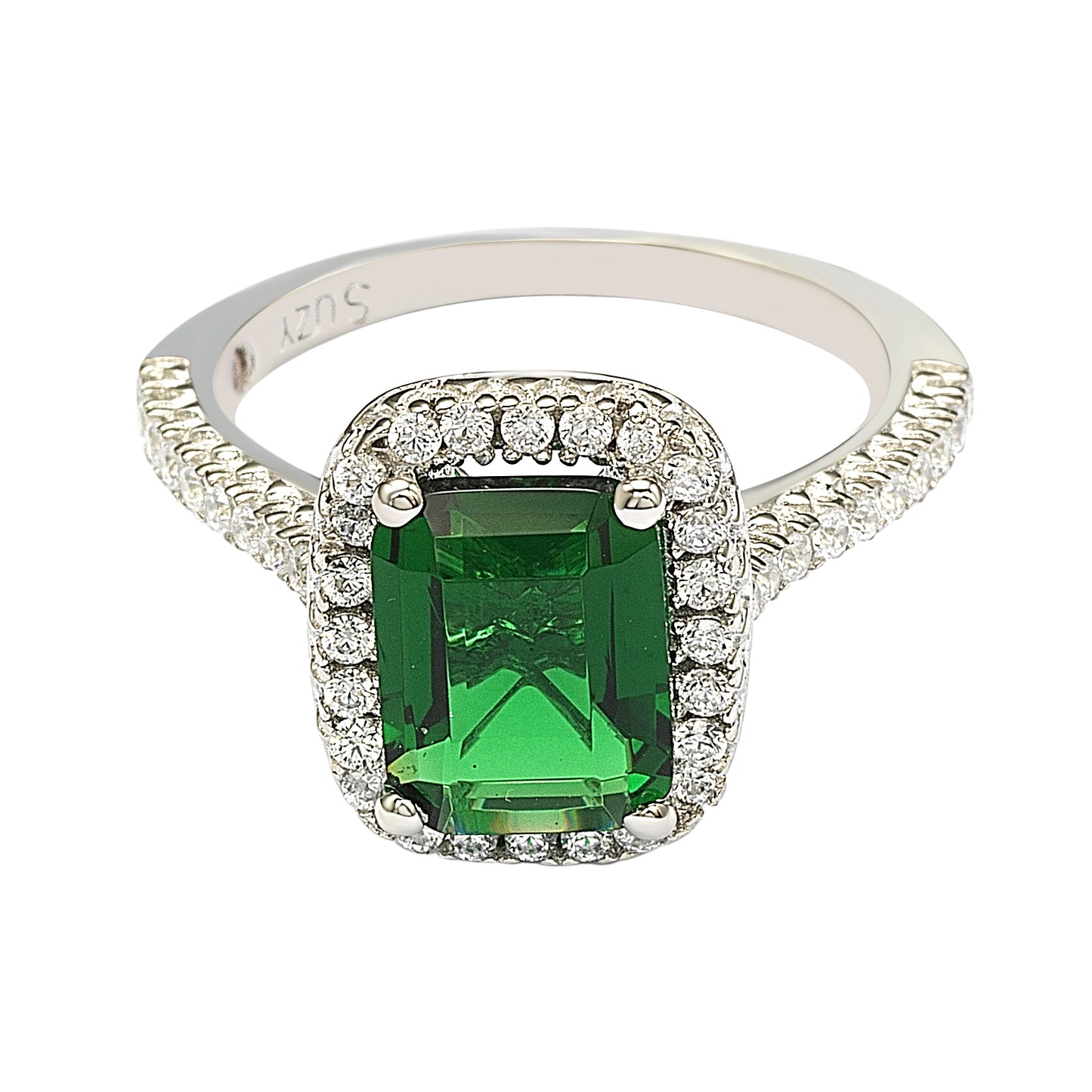 Suzy Levian Sterling Silver Asscher-cut Green Cubic Zirconia Halo Ring