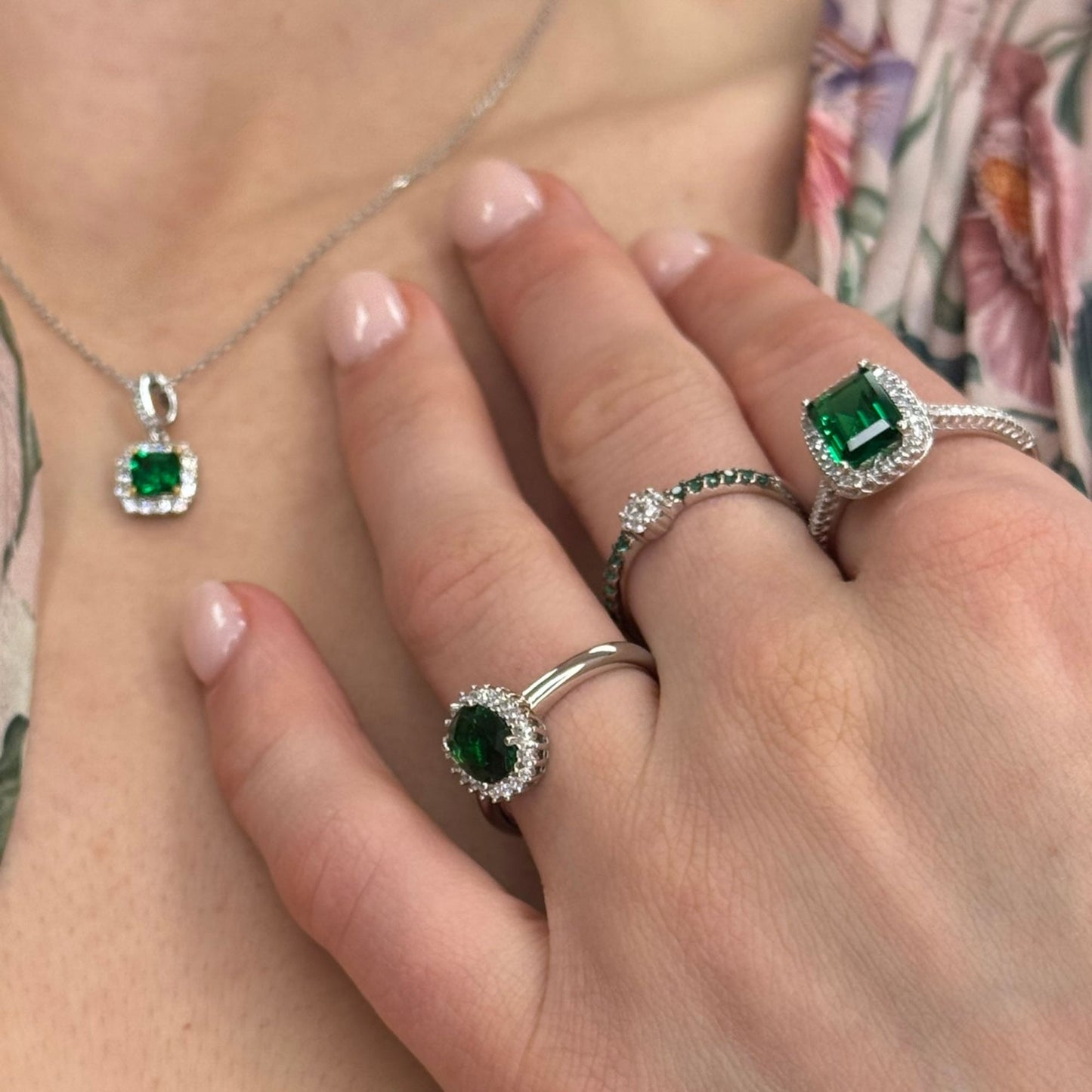 Suzy Levian Sterling Silver Asscher-cut Green Cubic Zirconia Halo Ring