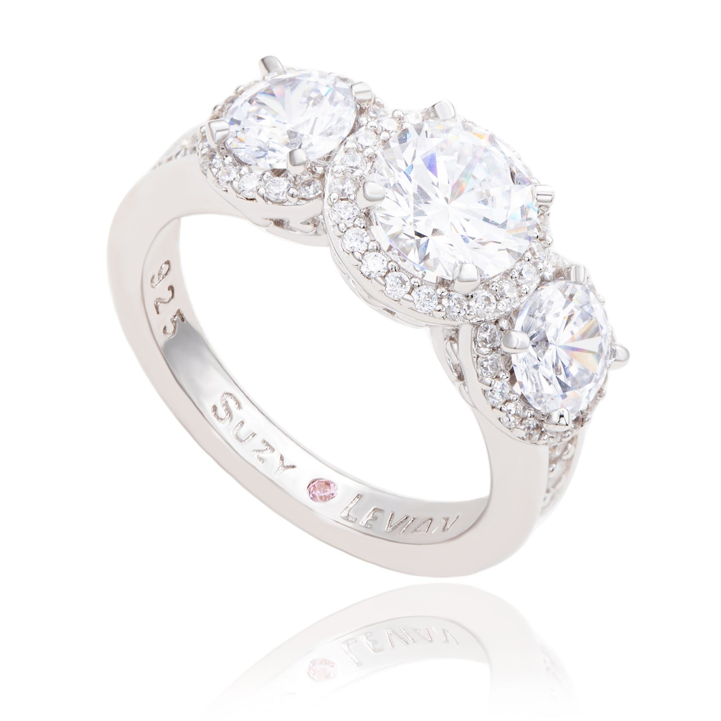 Suzy Levian Sterling Silver Cubic Zirconia White Three Stones Halo Engagement Ring