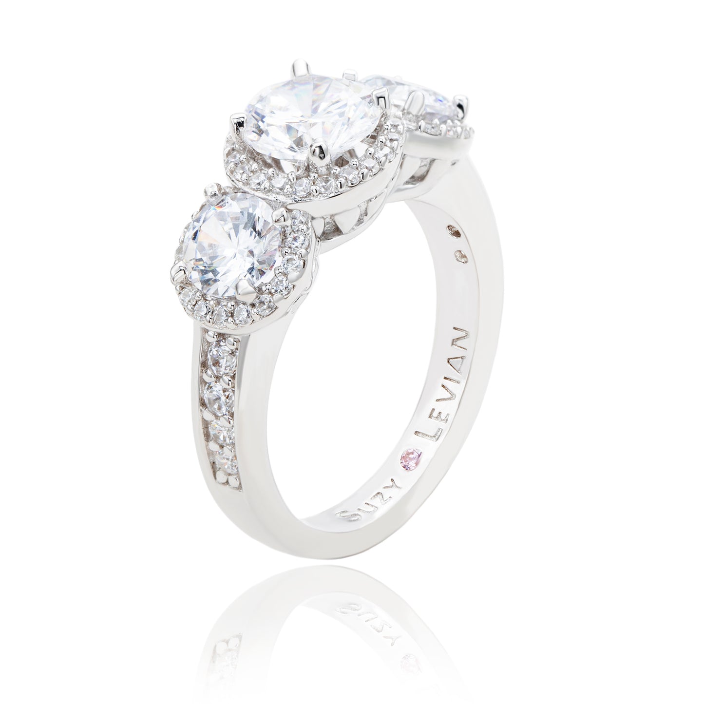 Suzy Levian Sterling Silver Cubic Zirconia White Three Stones Halo Engagement Ring