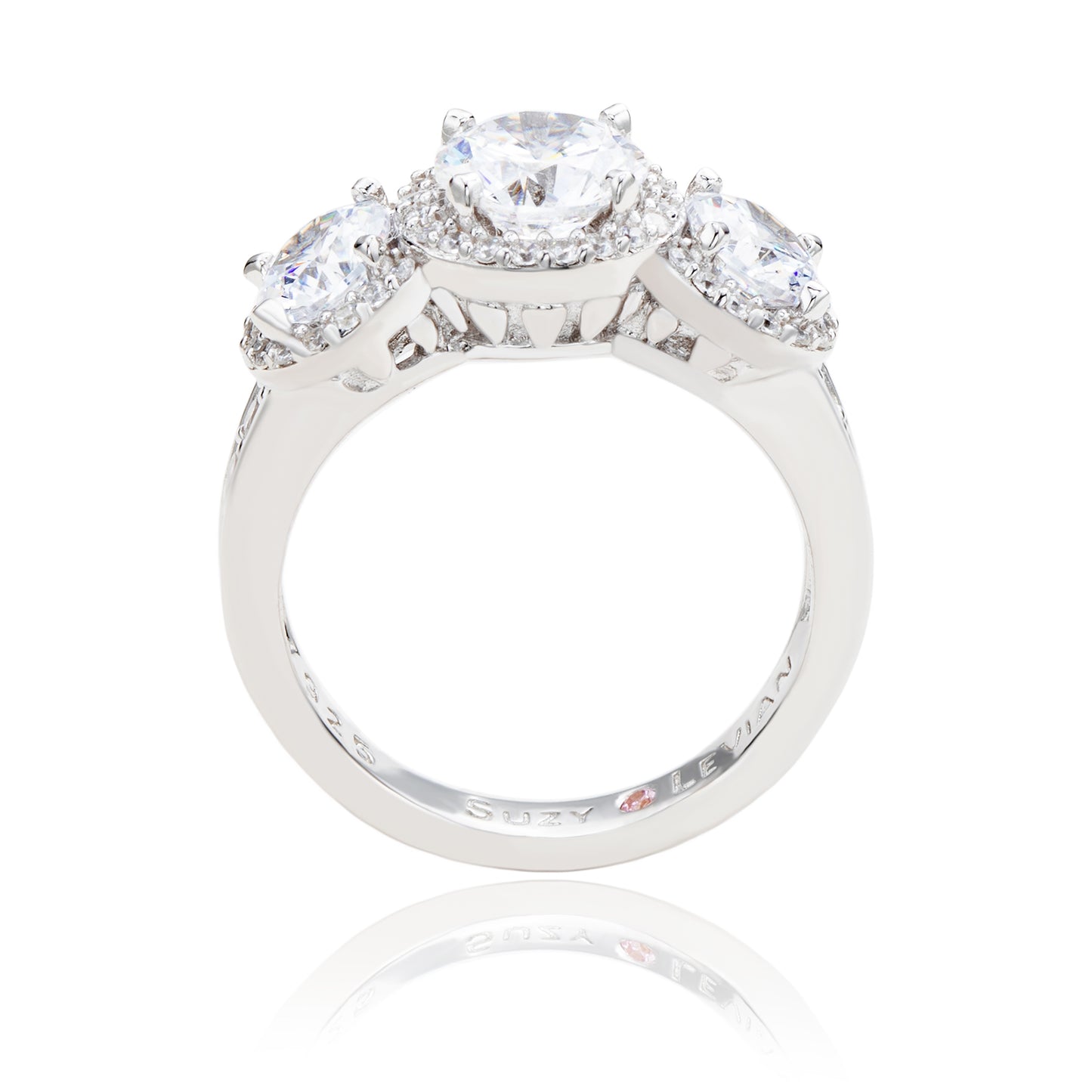 Suzy Levian Sterling Silver Cubic Zirconia White Three Stones Halo Engagement Ring