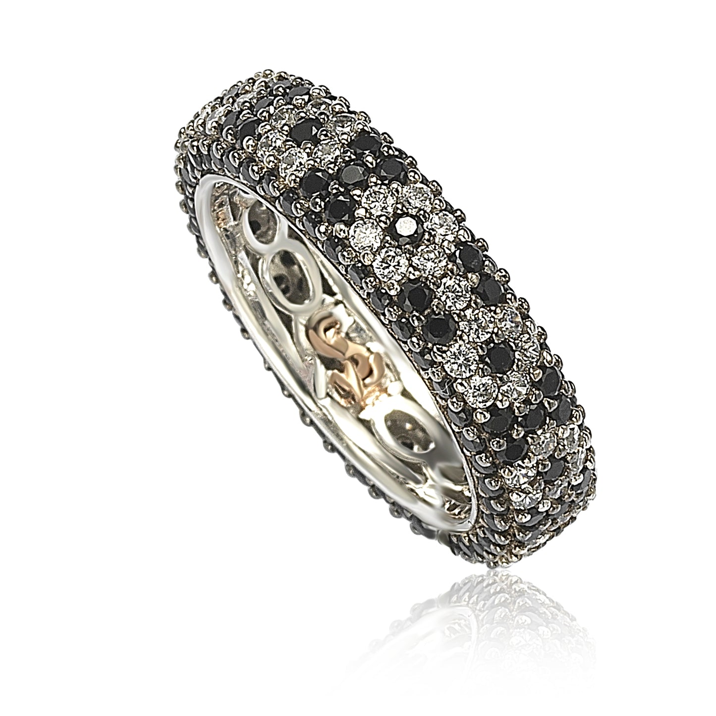 Suzy Levian Sterling Silver Cubic Zirconia Black and White Flower Eternity Band