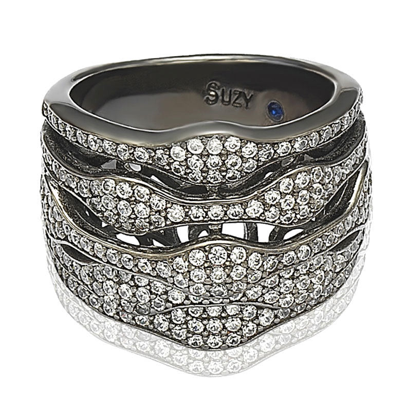 Suzy Levian Blackened Sterling Silver Cubic Zirconia Multi-Level Ring