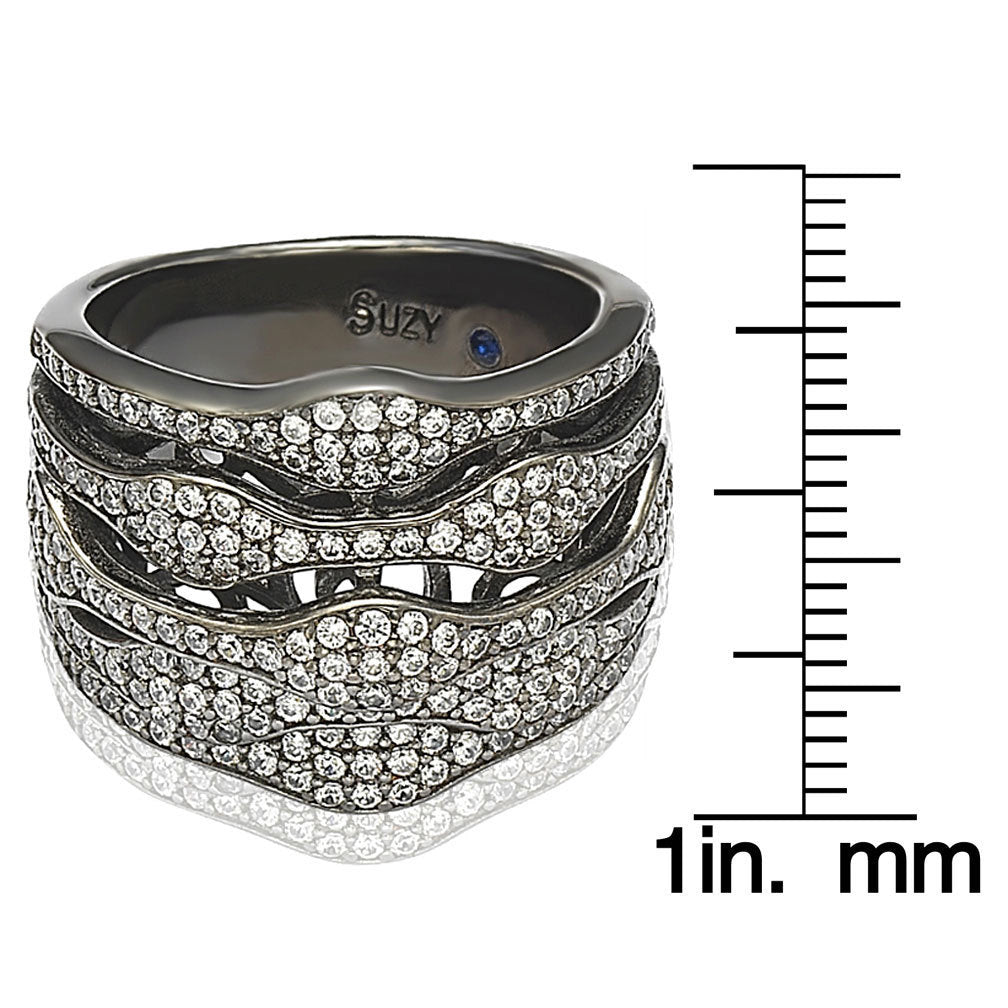 Suzy Levian Blackened Sterling Silver Cubic Zirconia Multi-Level Ring