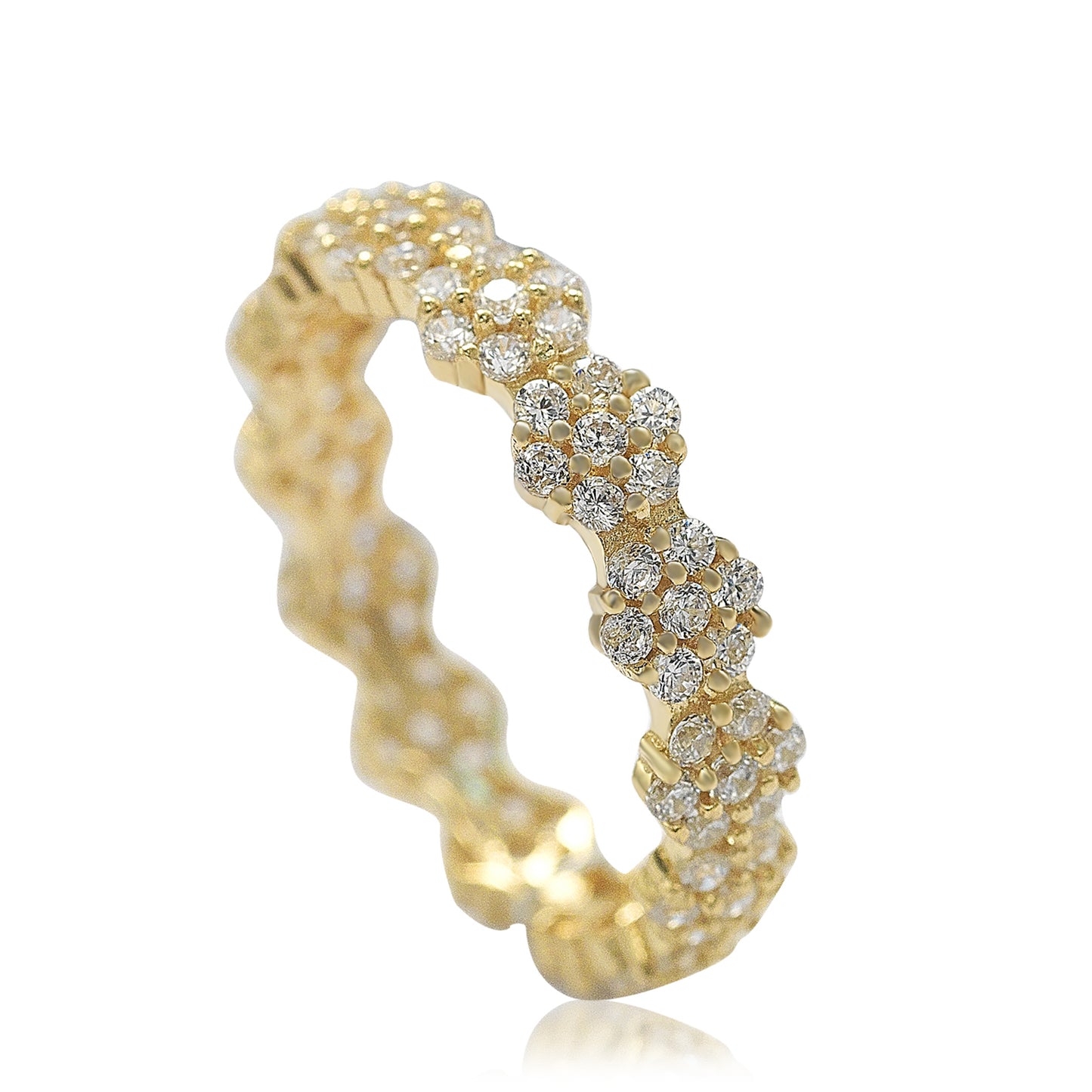 Suzy Levian Golden Sterling Silver Cubic Zirconia Floral Eternity Band