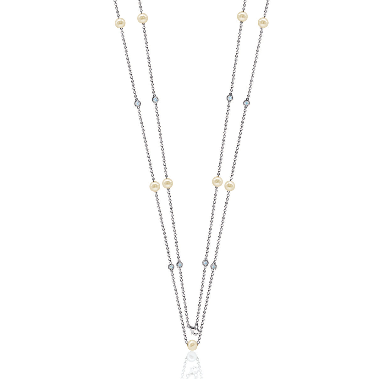Suzy Levian Sterling Silver White Sapphire and Pearl By-the-Yard 46" Station Necklace
