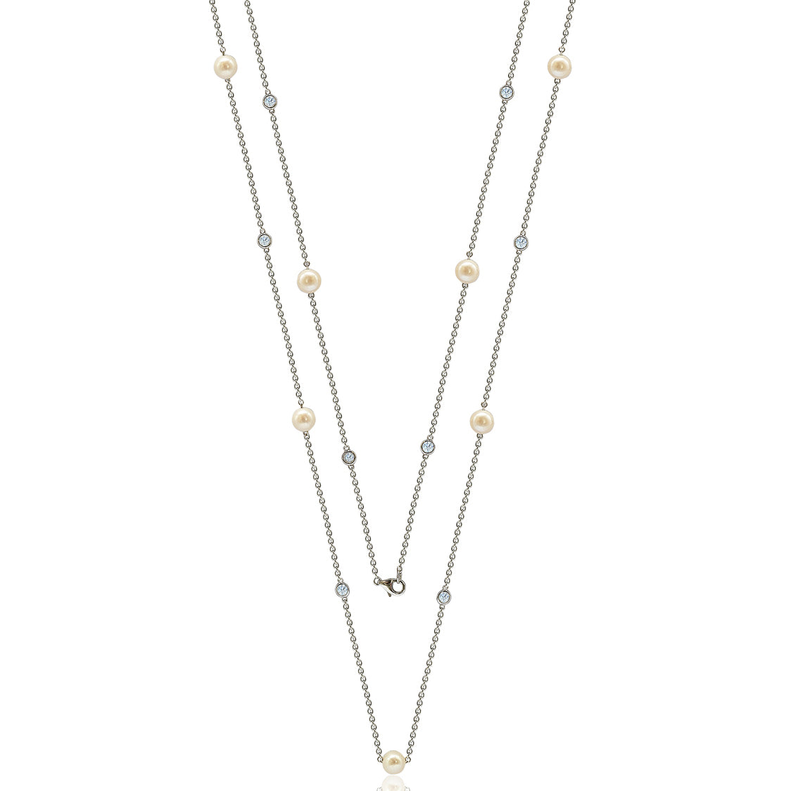 Suzy Levian Sterling Silver White Sapphire and Pearl By-the-Yard 36" Station Necklace