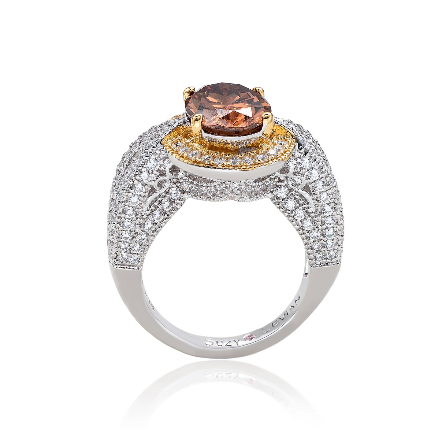 Suzy Levian Sterling Silver Oval-Cut Brown and White Cubic Zirconia Pave Ring
