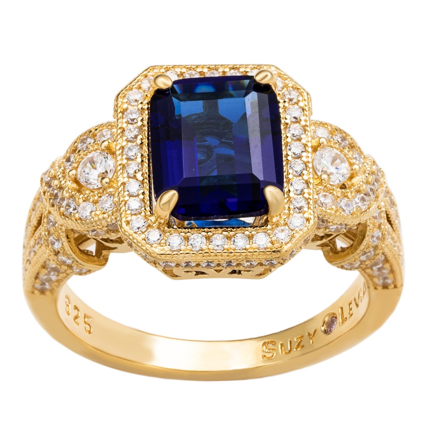 Suzy Levian Yellow Sterling Silver Emerald-Cut Blue and White Cubic Zirconia Pave Ring