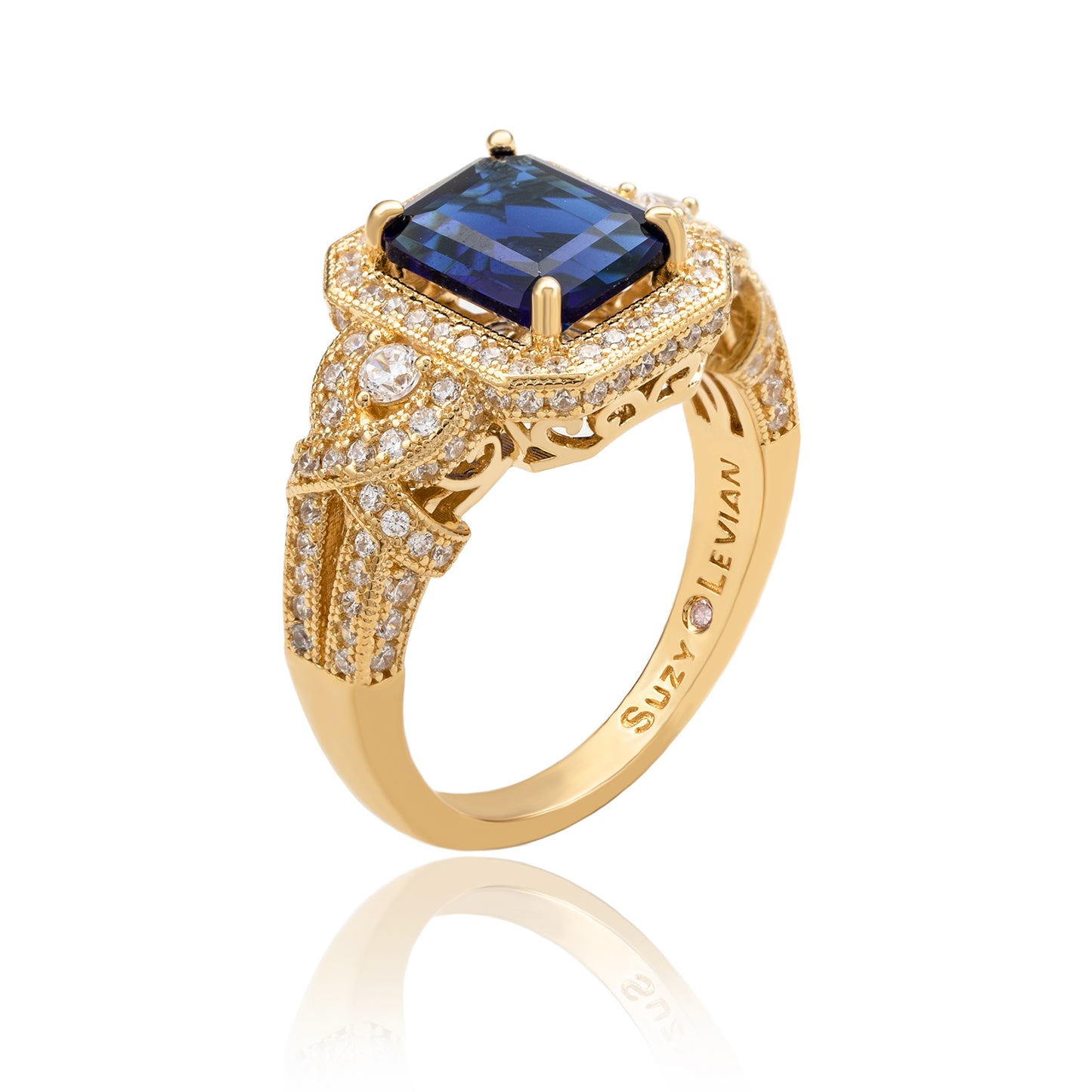 Suzy Levian Yellow Sterling Silver Emerald-Cut Blue and White Cubic Zirconia Pave Ring