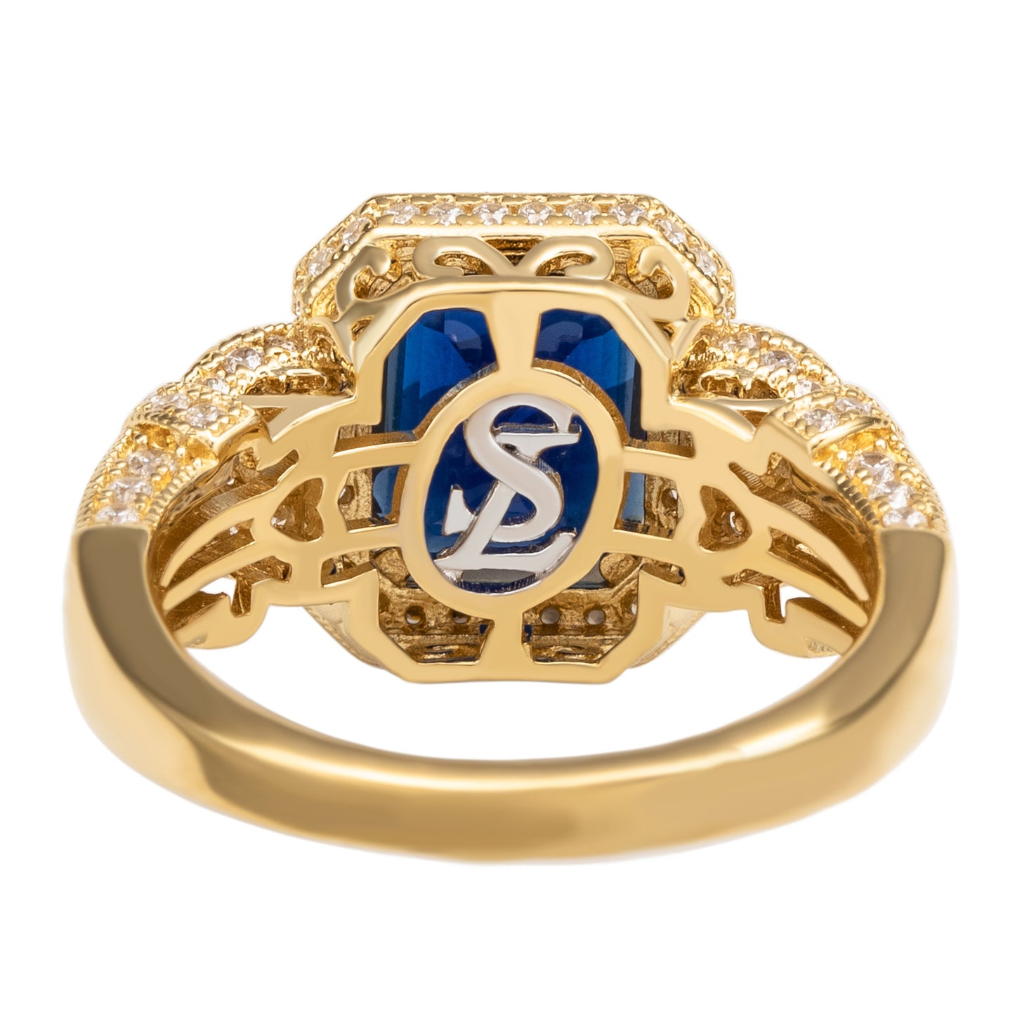 Suzy Levian Yellow Sterling Silver Emerald-Cut Blue and White Cubic Zirconia Pave Ring