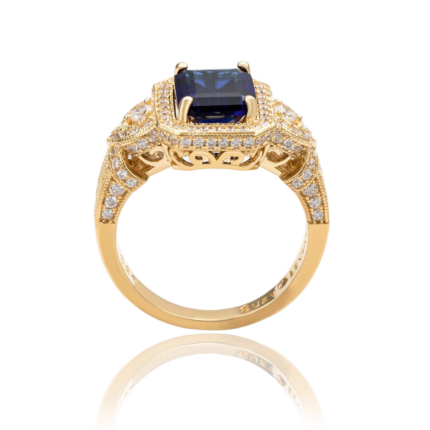 Suzy Levian Yellow Sterling Silver Emerald-Cut Blue and White Cubic Zirconia Pave Ring