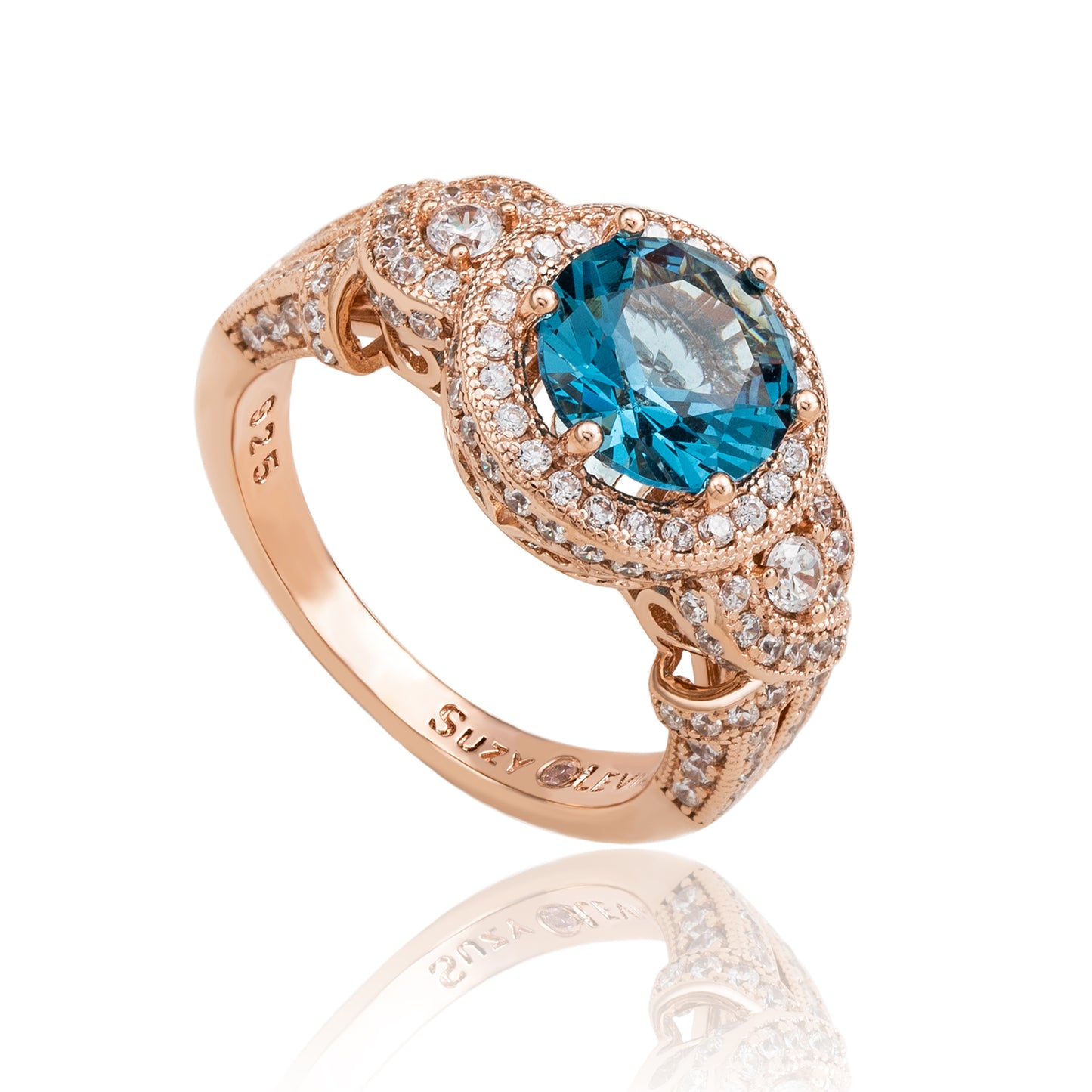 Suzy Levian Rose Sterling Silver Light Blue Round Cubic Zirconia Pave Engagement Ring