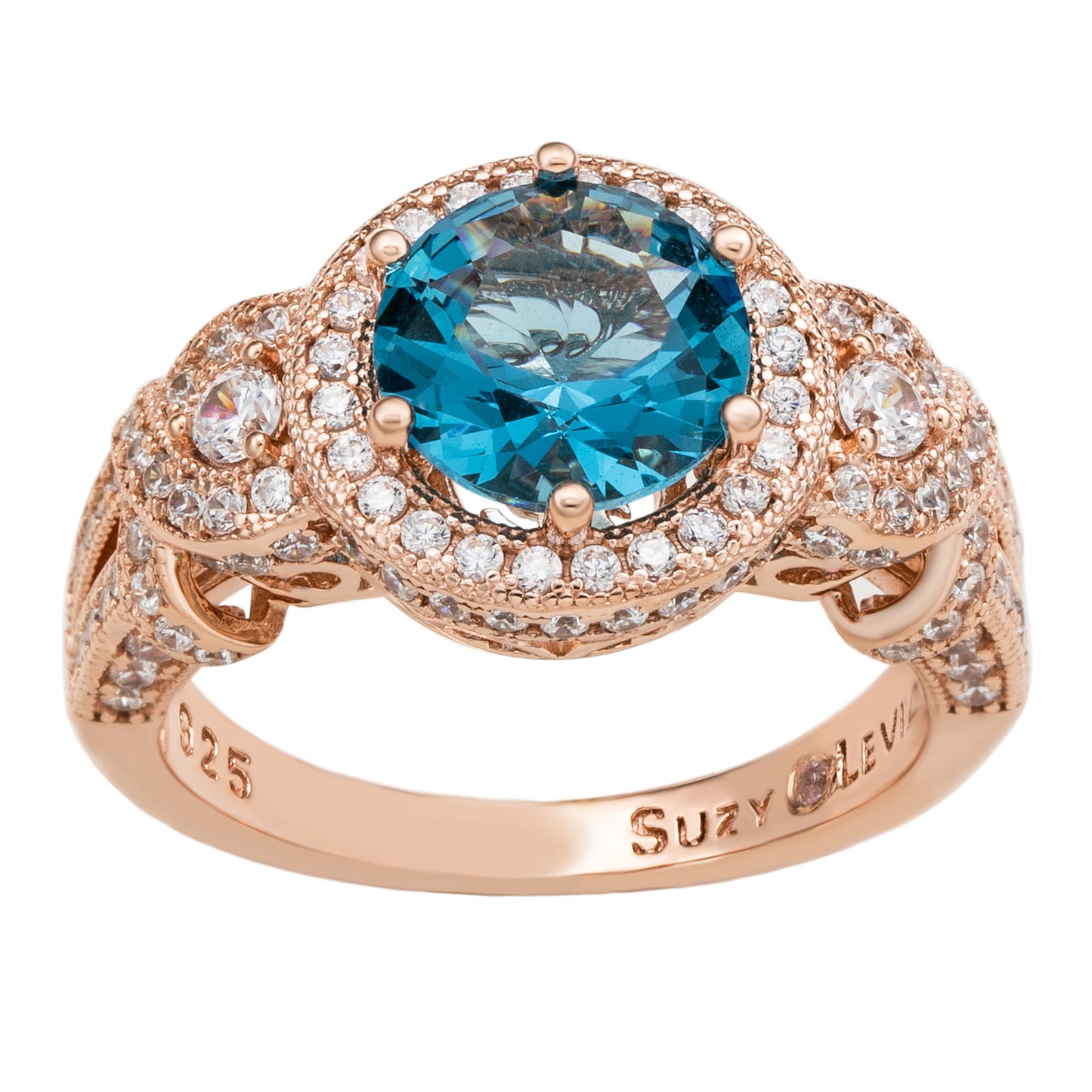 Suzy Levian Rose Sterling Silver Light Blue Round Cubic Zirconia Pave Engagement Ring