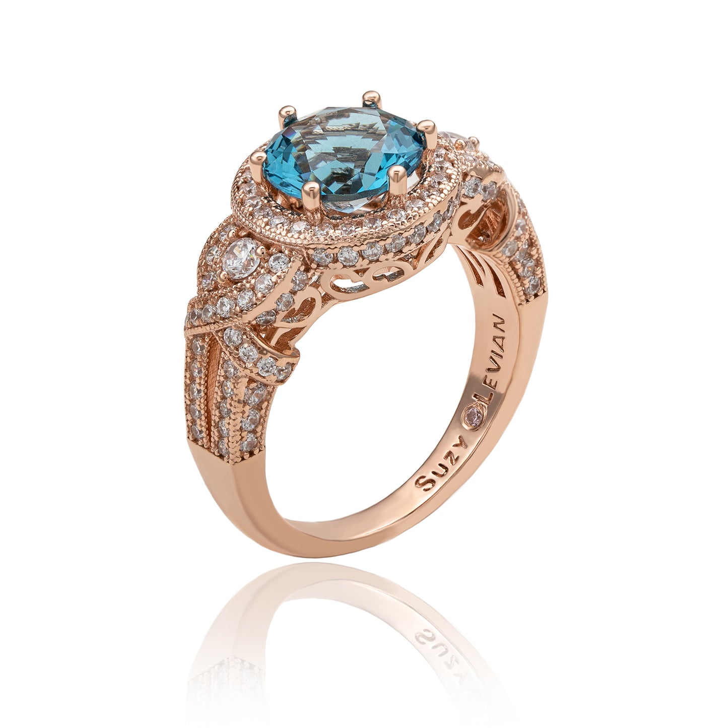 Suzy Levian Rose Sterling Silver Light Blue Round Cubic Zirconia Pave Engagement Ring