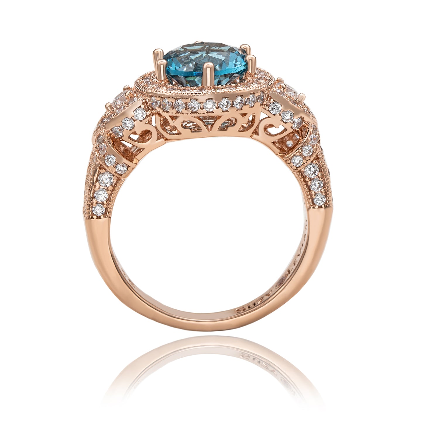 Suzy Levian Rose Sterling Silver Light Blue Round Cubic Zirconia Pave Engagement Ring