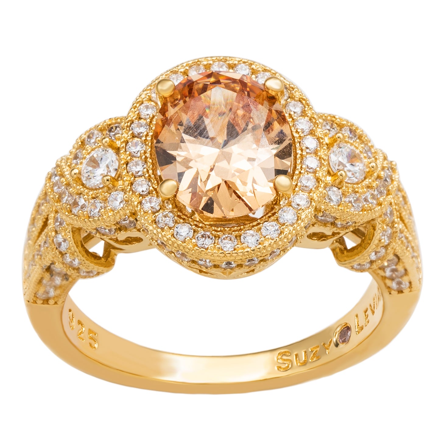 Suzy Levian Yellow Sterling Silver Large Oval-Cut Orange White Cubic Zirconia Pave Ring
