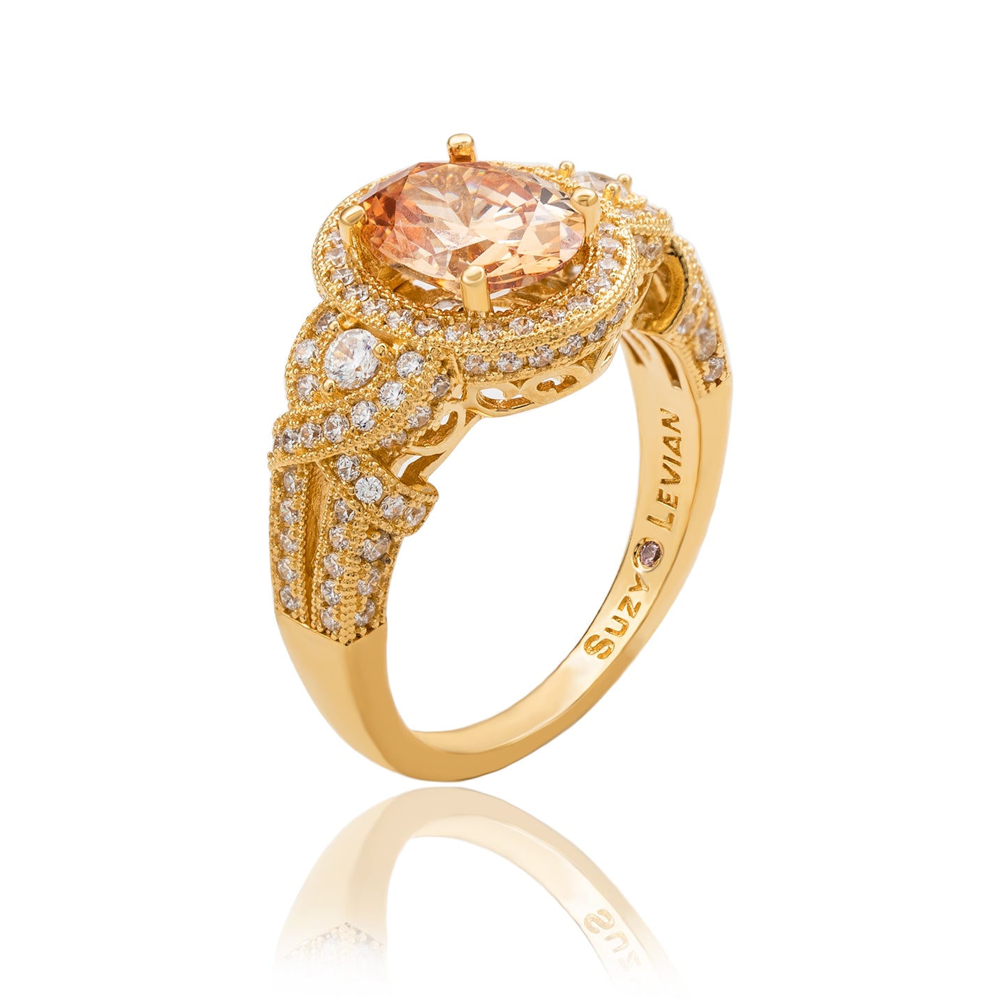 Suzy Levian Yellow Sterling Silver Large Oval-Cut Orange White Cubic Zirconia Pave Ring