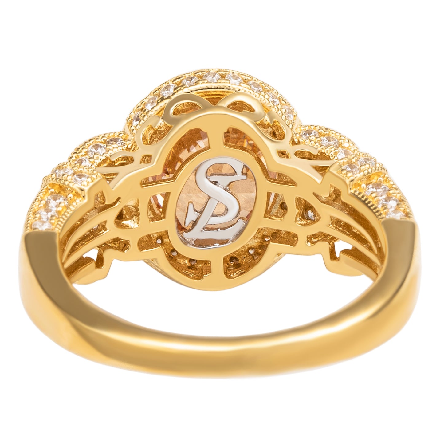 Suzy Levian Yellow Sterling Silver Large Oval-Cut Orange White Cubic Zirconia Pave Ring