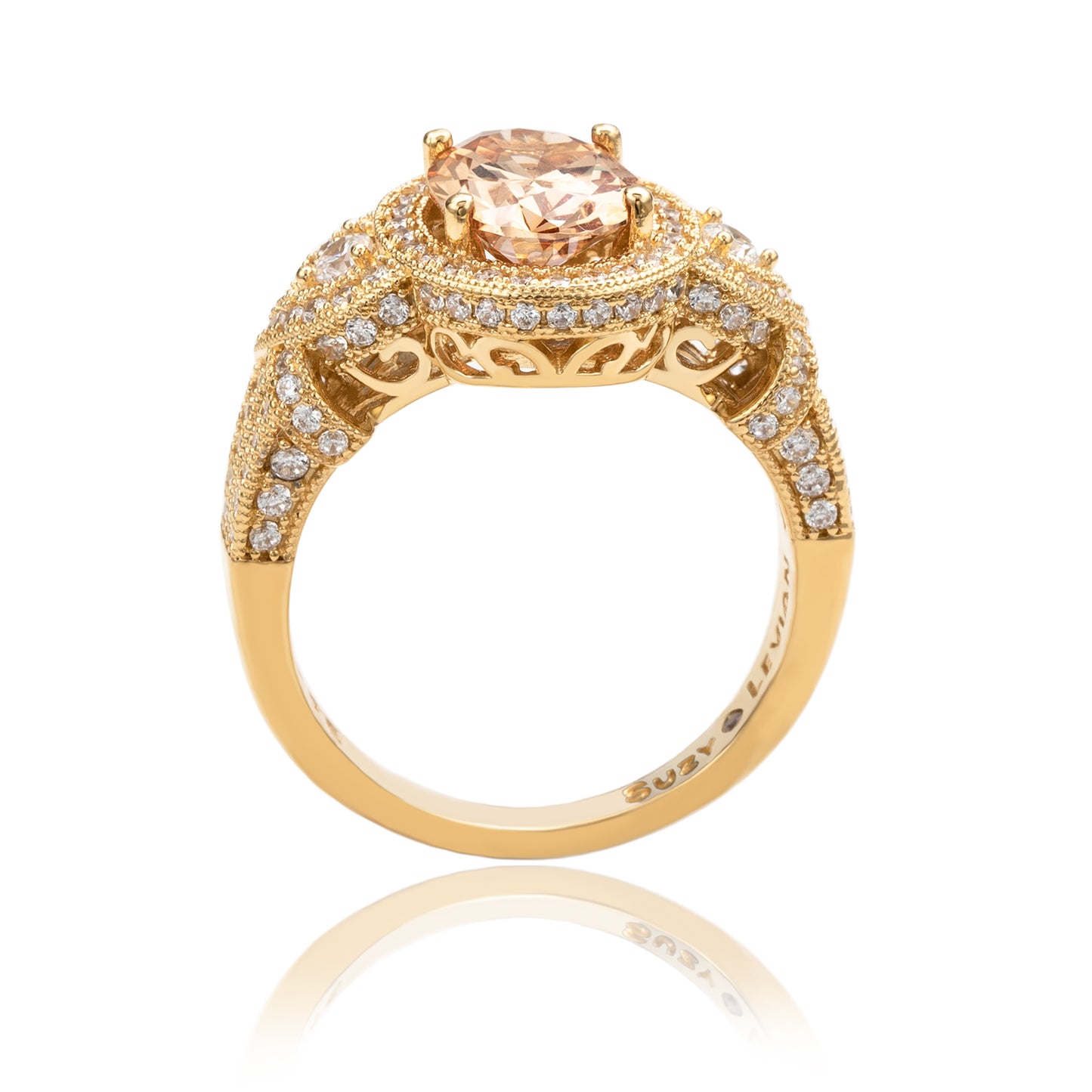 Suzy Levian Yellow Sterling Silver Large Oval-Cut Orange White Cubic Zirconia Pave Ring