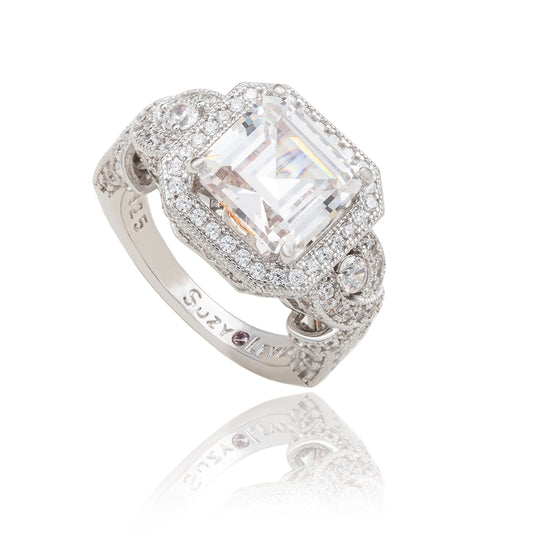 Suzy Levian Sterling Silver White Assher Cubic Zirconia Pave Engagement Ring