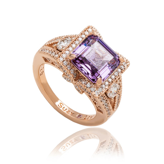 Suzy Levian Rose Sterling Silver Purple Square Ascher Cut Cubic Zirconia Engagement Ring