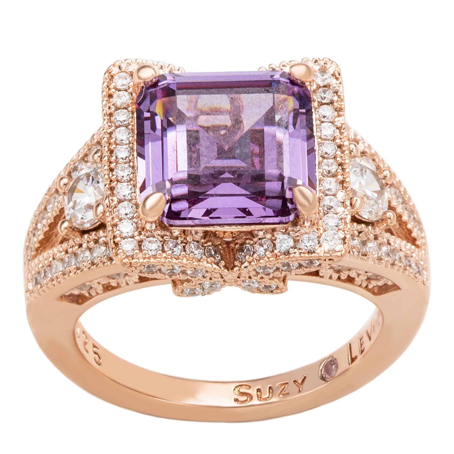 Suzy Levian Rose Sterling Silver Purple Square Ascher Cut Cubic Zirconia Engagement Ring