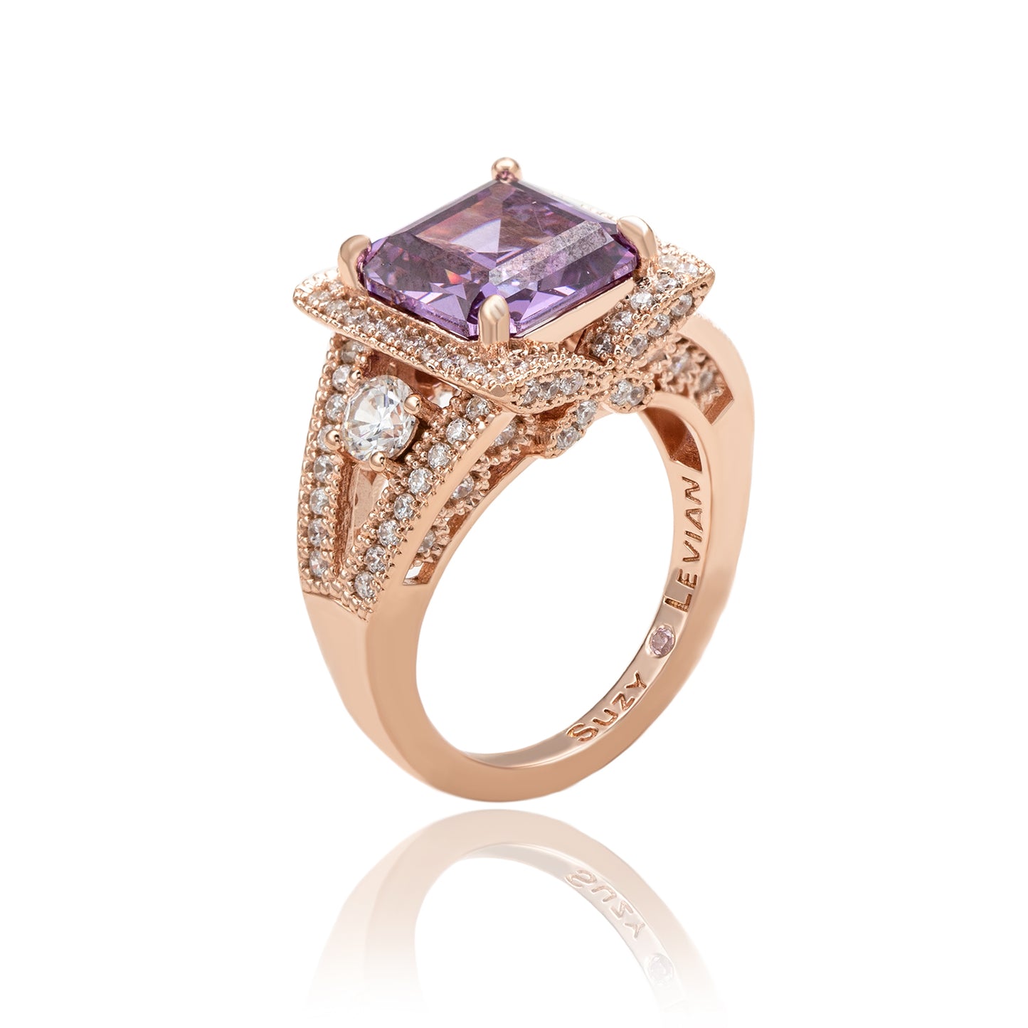 Suzy Levian Rose Sterling Silver Purple Square Ascher Cut Cubic Zirconia Engagement Ring