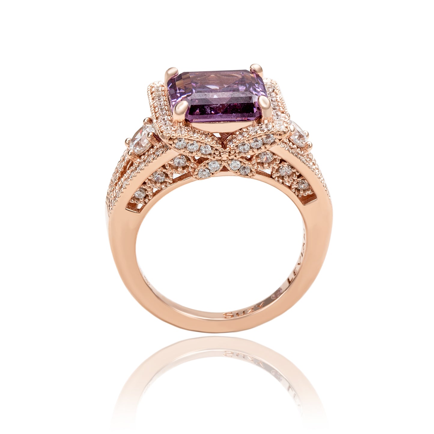 Suzy Levian Rose Sterling Silver Purple Square Ascher Cut Cubic Zirconia Engagement Ring