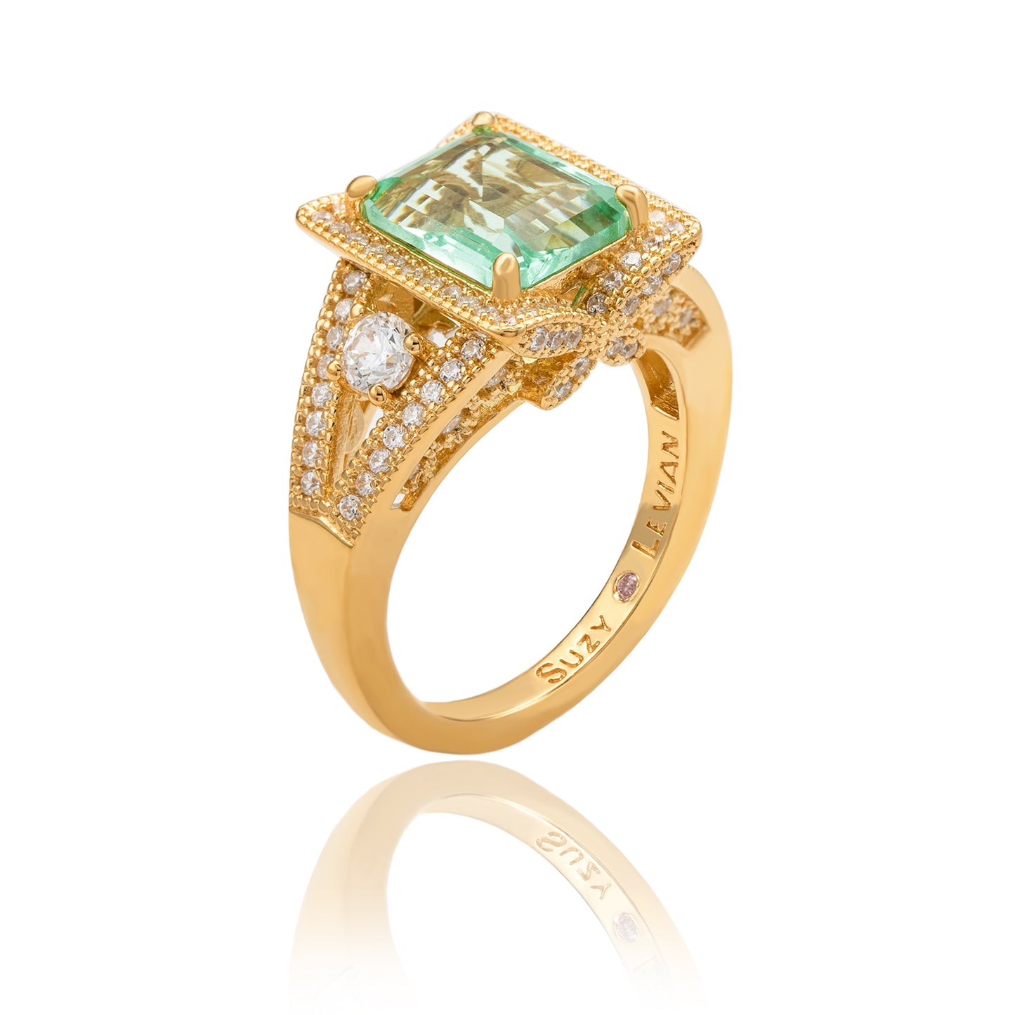 Suzy Levian Yellow Sterling Silver Light Green Emerald Cut Cubic Zirconia Pave Engagement Ring