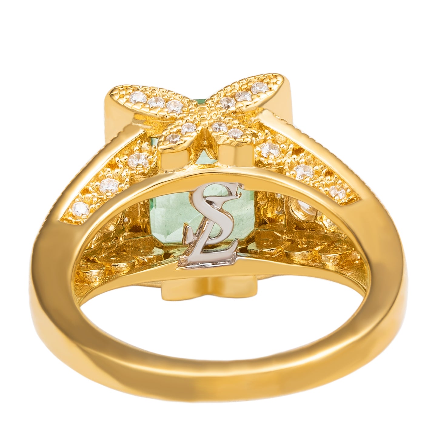 Suzy Levian Yellow Sterling Silver Light Green Emerald Cut Cubic Zirconia Pave Engagement Ring