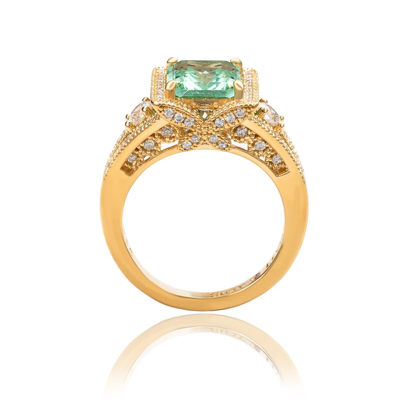 Suzy Levian Yellow Sterling Silver Light Green Emerald Cut Cubic Zirconia Pave Engagement Ring