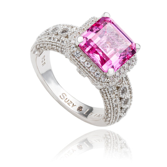 Suzy Levian Sterling Silver Emerald-Cut Pink Sapphire & Diamond Accent Ring