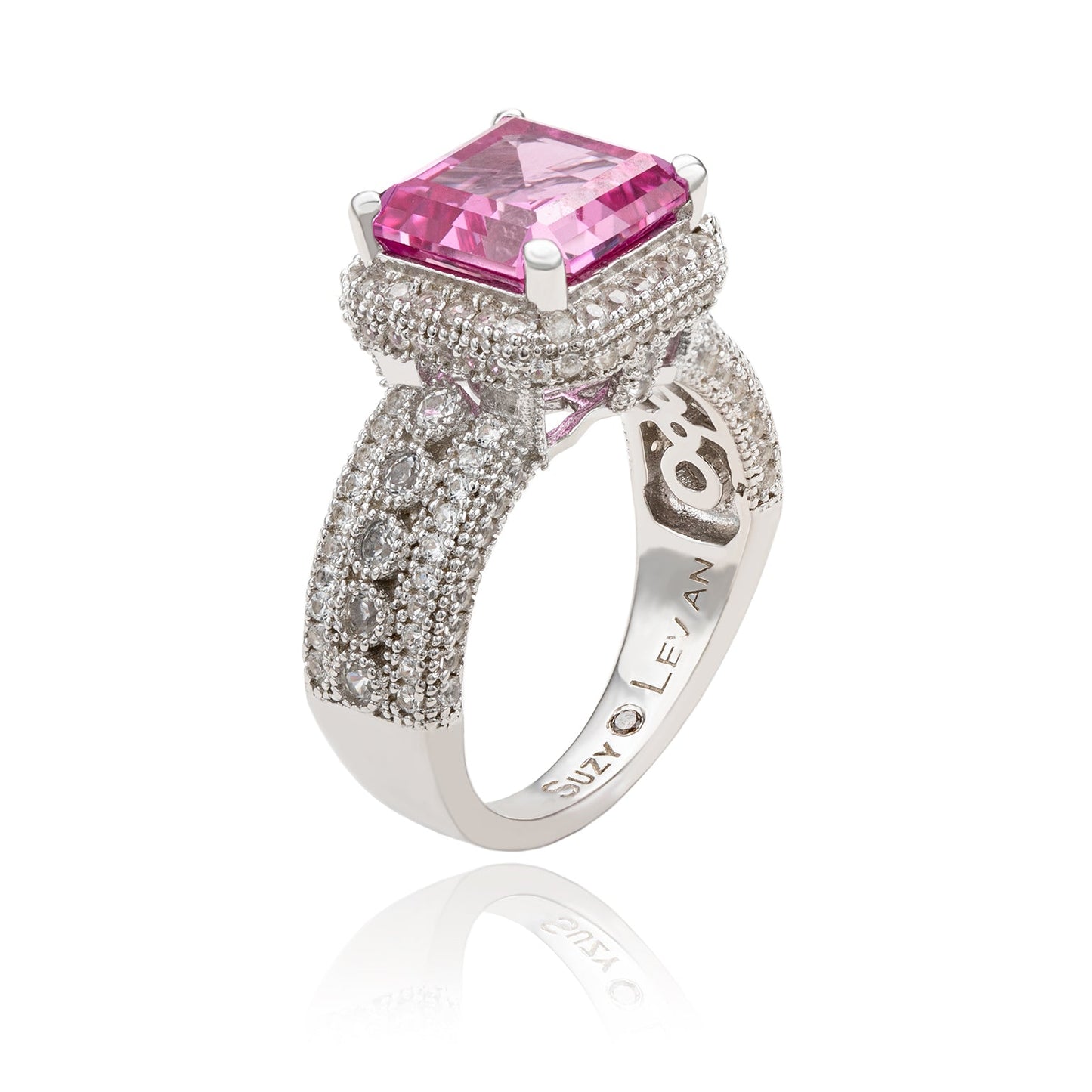 Suzy Levian Sterling Silver Emerald-Cut Pink Sapphire & Diamond Accent Ring