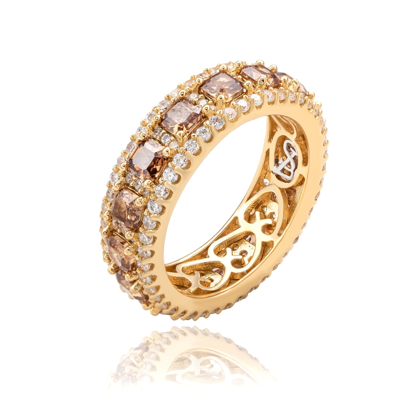Suzy Levian Yellow Sterling Silver Cubic Zirconia Brown and White Modern Eternity Band