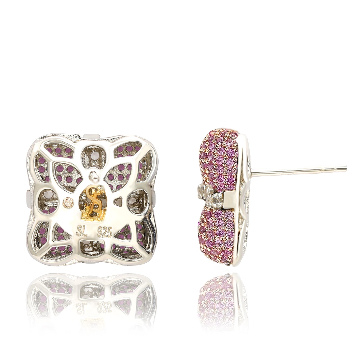 Suzy Levian Sterling Silver Pink and White Sapphire Wrapped Cushion Earrings