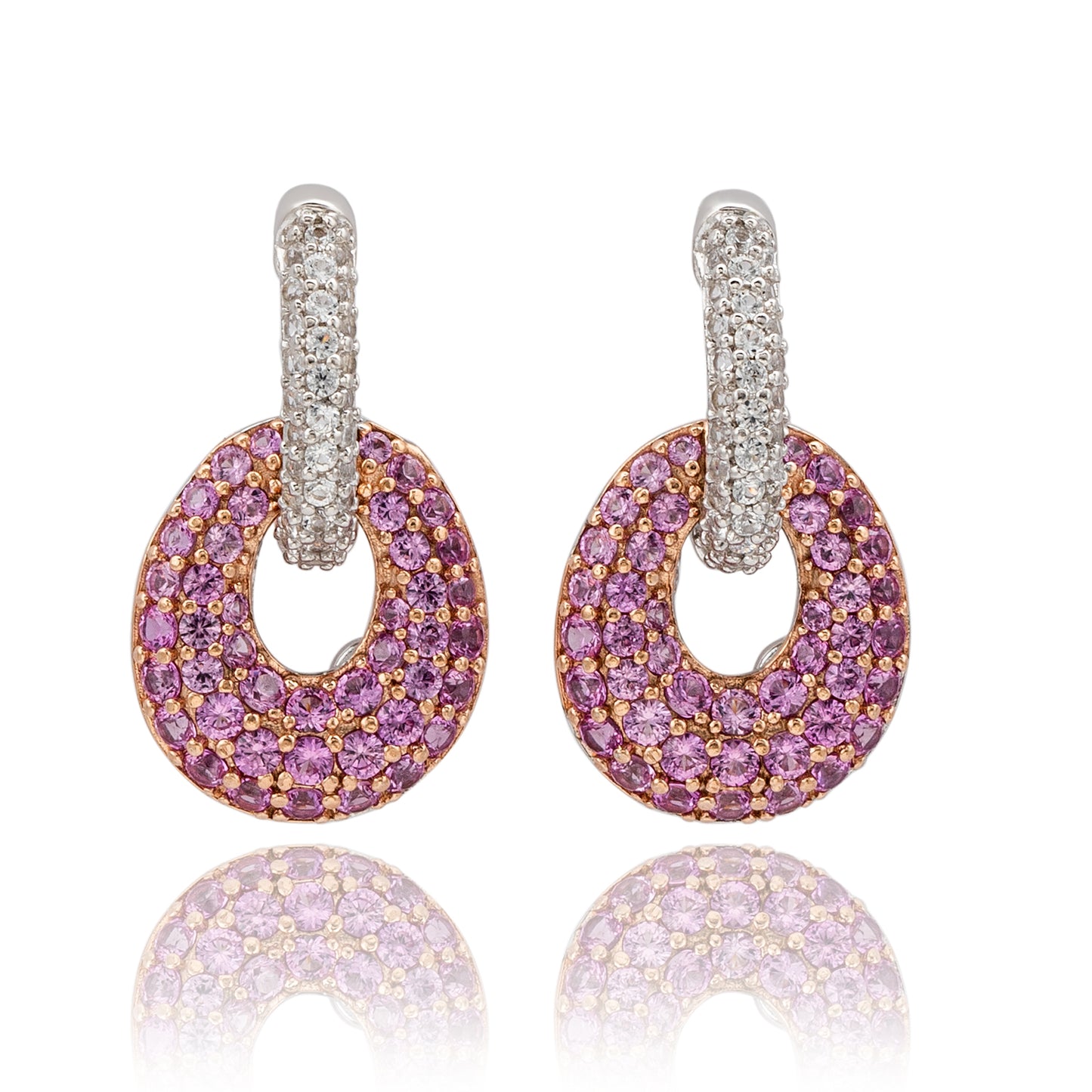 Suzy Levian Sterling Silver Pink & White Sapphire and Diamond Accent Double Oval Dangle Earrings