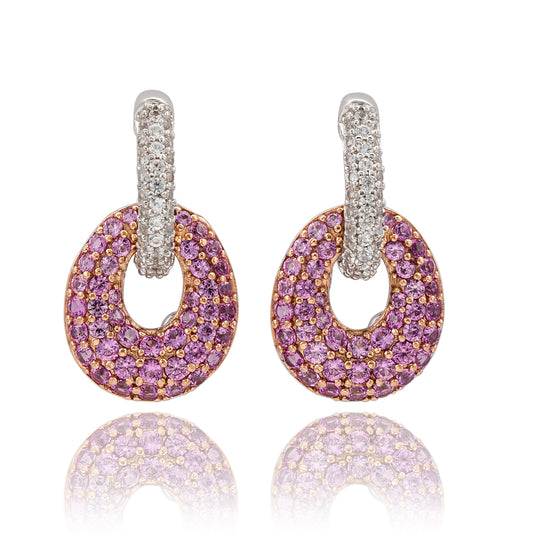 Suzy Levian Sterling Silver Pink & White Sapphire and Diamond Accent Double Oval Dangle Earrings