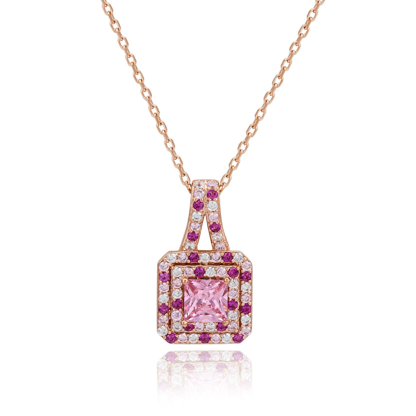 Suzy Levian Rosed Sterling Silver Pink Asscher-Cut Cubic Zirconia Multicolor Halo Pendant