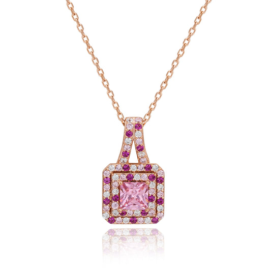 Suzy Levian Rosed Sterling Silver Pink Asscher-Cut Cubic Zirconia Multicolor Halo Pendant