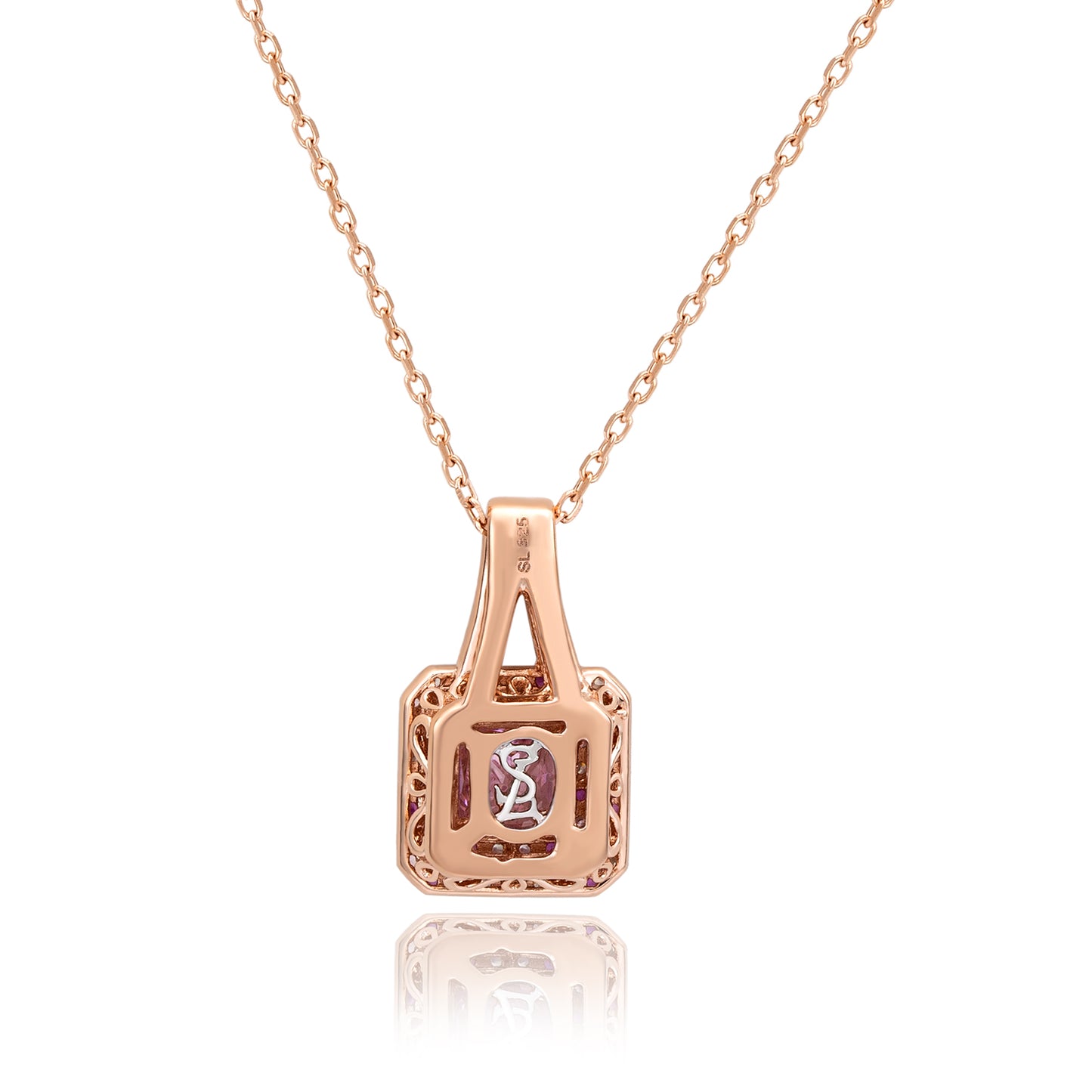 Suzy Levian Rosed Sterling Silver Pink Asscher-Cut Cubic Zirconia Multicolor Halo Pendant