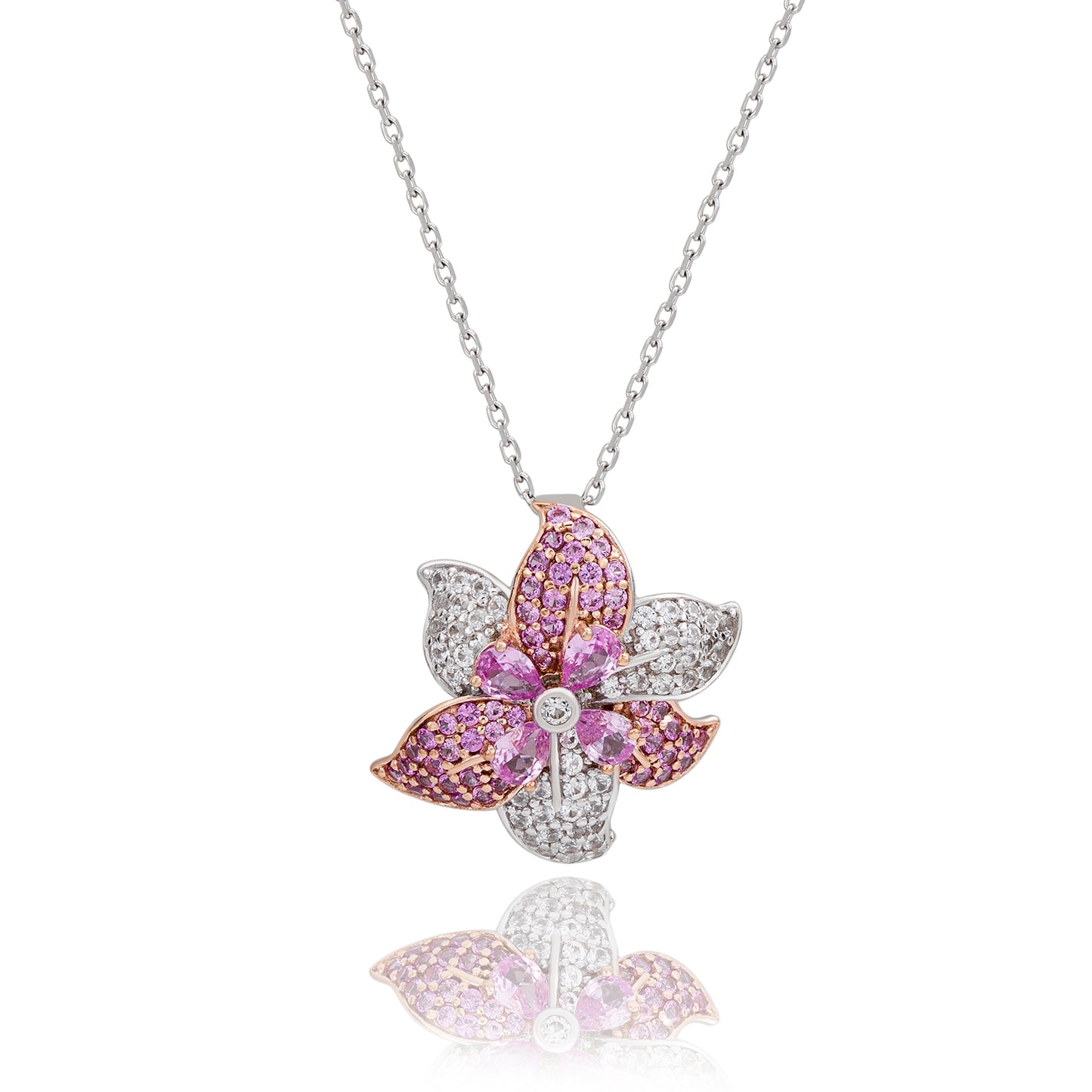 Suzy Levian Sterling Silver Pink Sapphire and Diamond Accent Exotic Flower Pendant Necklace