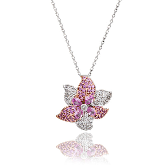 Suzy Levian Sterling Silver Pink Sapphire and Diamond Accent Exotic Flower Pendant Necklace