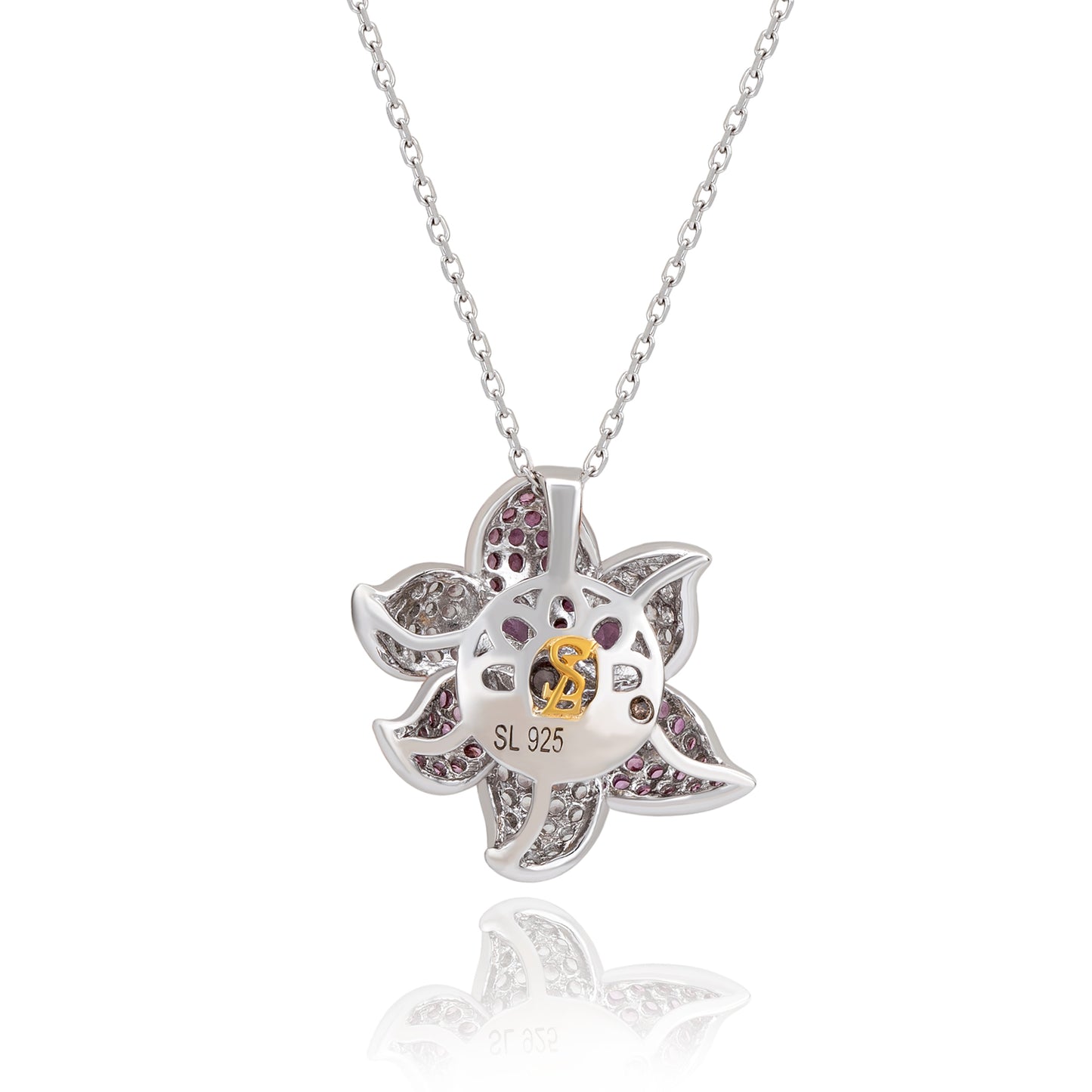 Suzy Levian Sterling Silver Pink Sapphire and Diamond Accent Exotic Flower Pendant Necklace