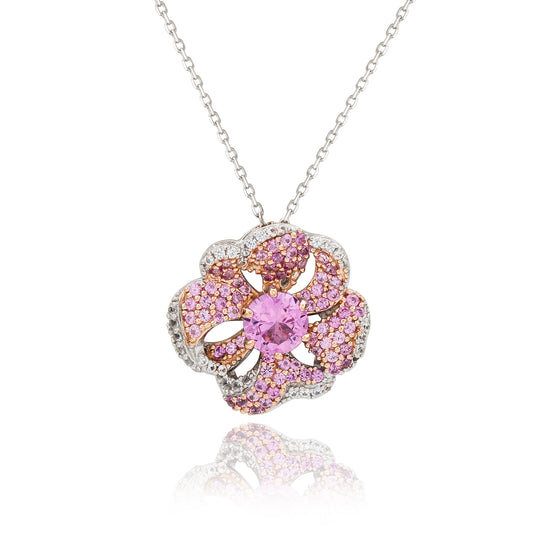 Suzy Levian Sterling Silver Pink Sapphire and Diamond Accent Whimsical Flower Pendant Necklace
