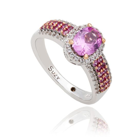Suzy Levian Sterling Silver Oval-Cut Pink Sapphire and Diamond Accent Anniversary Ring