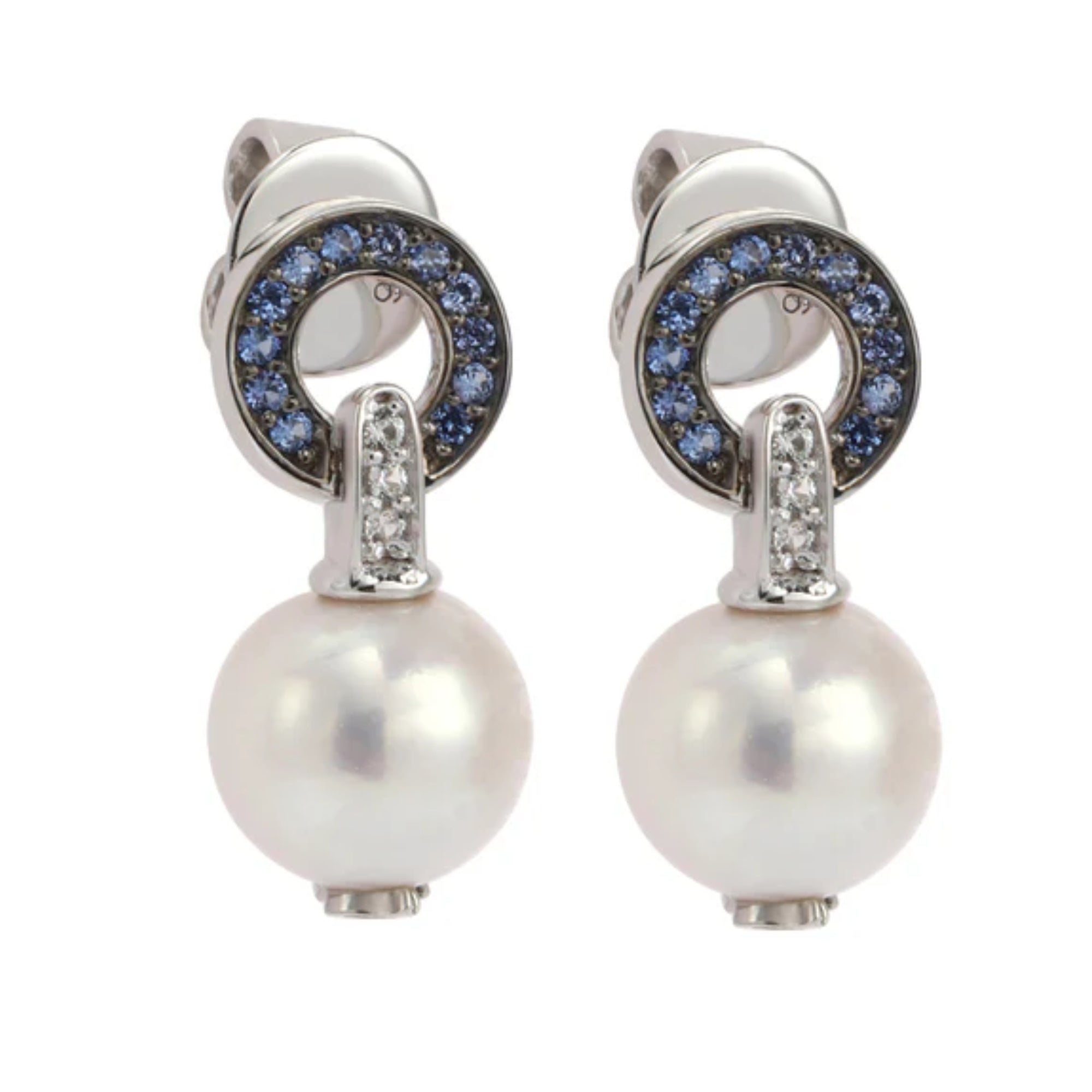 Suzy Levian Sterling Silver Pearl & Blue Sapphire Circle Earrings
