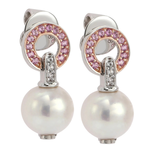 Suzy Levian Sterling Silver Pearl & Pink Sapphire Circle Earrings